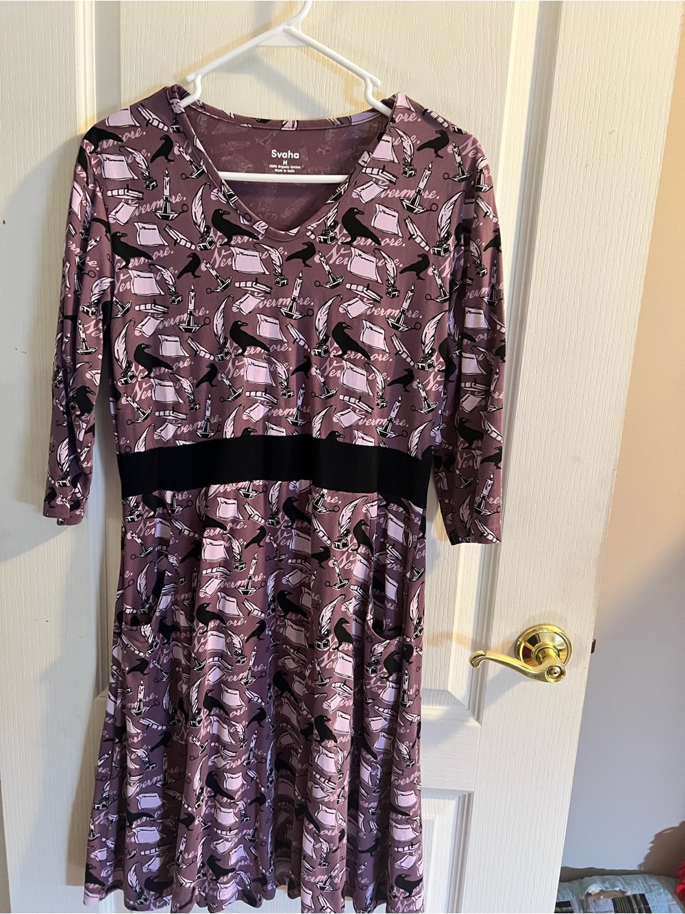 Women's 100% organic cotton Edgar Poe Raven A-Line Dress with Black Waistband